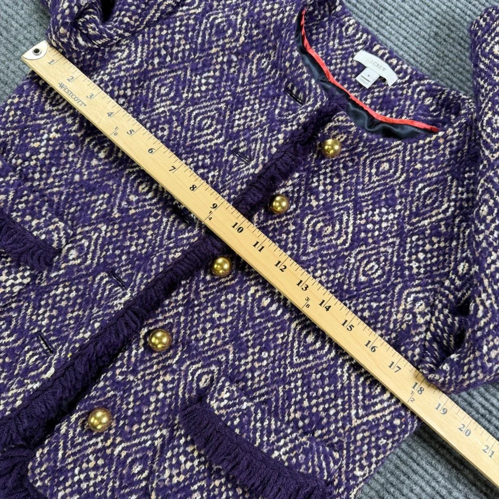 J.Crew Purple‎ Diamond Tweed Jacket Womens 6 Gold Button Fringe Trim Wool Blend - Picture 10 of 13